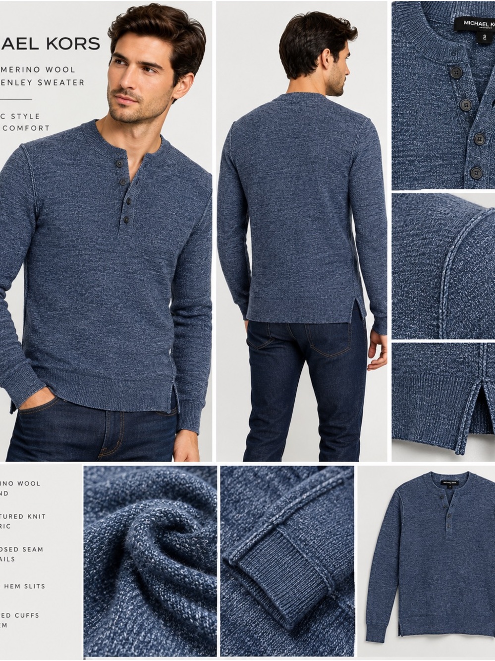 Michael Kors Merino Wool Blend Henley Sweater Blue Exposed Seam Side Slit Size S